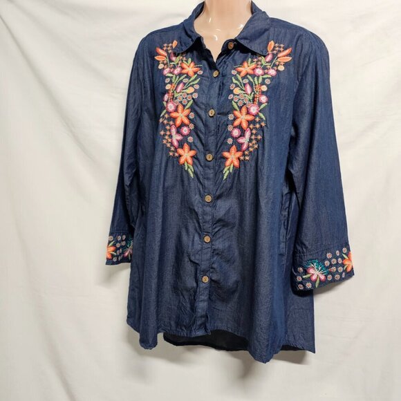 Parsley & Sage Women Embroidered Top Blouse Shirt Size `1X Blue Button Up Collar - Picture 6 of 14